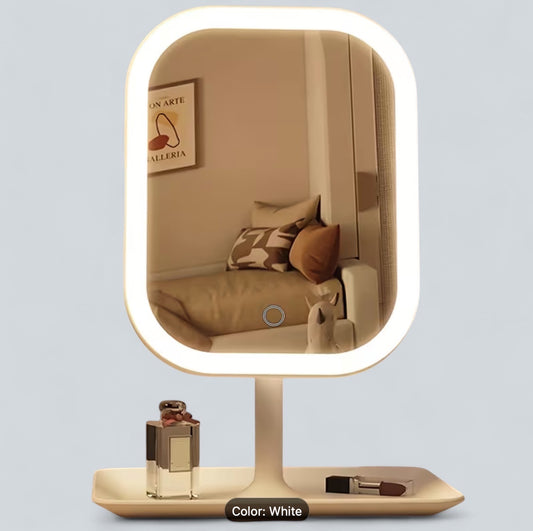 VixSolve GlowMirror LED vanity mirror with adjustable brightness, touch control, and a white base, perfect for makeup and skincare.